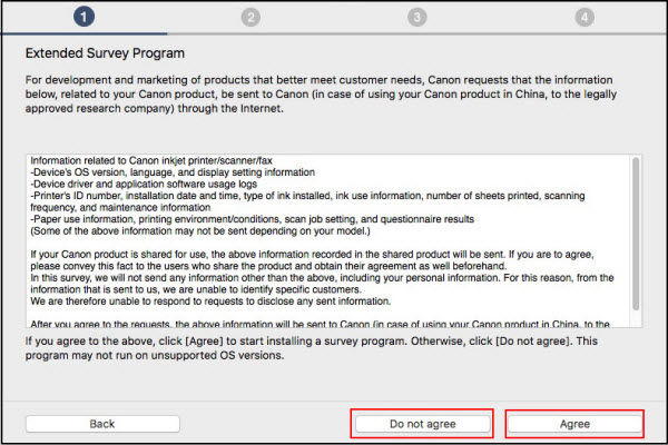 Extended Survey Program screen, with Agree or Disagree buttons shown.